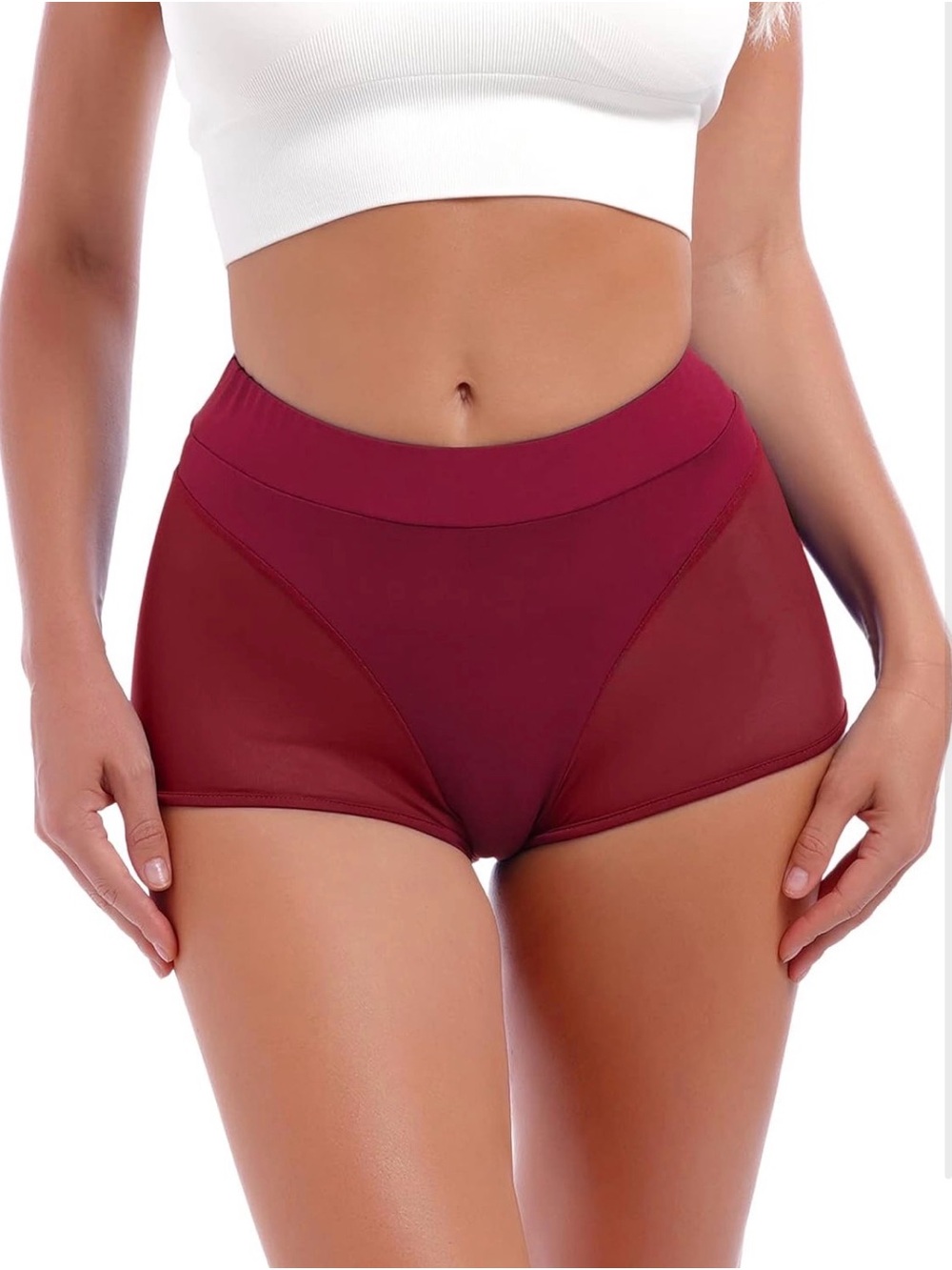 High Waist Burgundy Sheer Panel Dance Mini Booty Shorts Size Small
